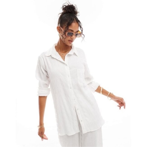 NWOT Esmée Collections textured oversized linen crisp white Button down Shirt S - Picture 5 of 10